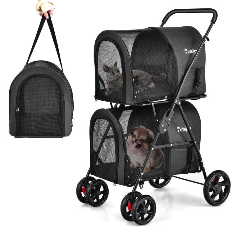 4-in-1 Double Pet Stroller with Detachable Carrier and Travel Carriage