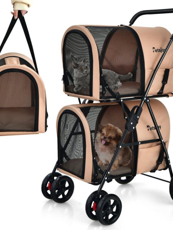 4-in-1 Double Pet Stroller with Detachable Carrier and Travel Carriage