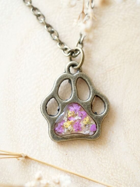 Real Dried Flowers in Resin Necklace, Dog Paw in Pink Yellow White