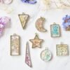 Real Pressed Flowers in Resin, Gold Dog Necklace in Blue and Pink